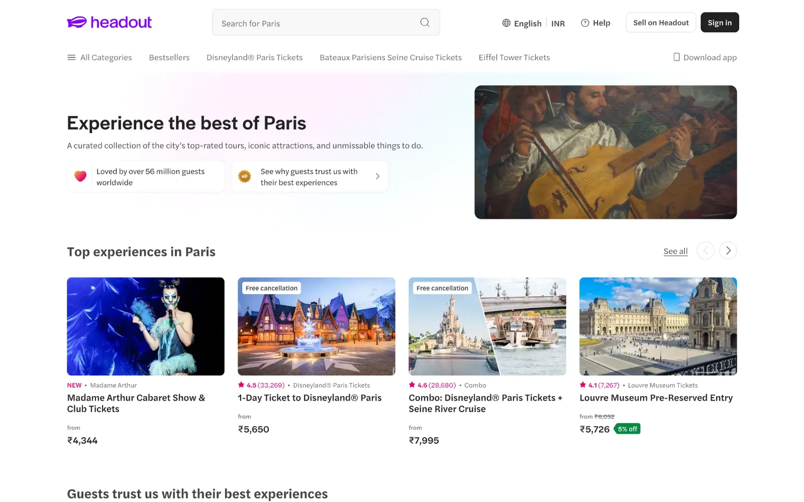 Headout’s Paris page, listing tours, attractions and shows in the city