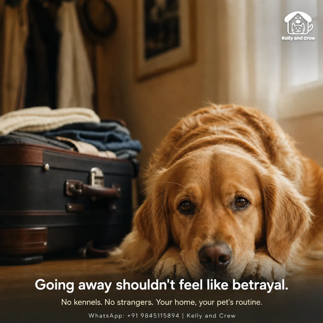 A post showing a golden retriever beside a suitcase, with the line Going away shouldn’t feel like betrayal