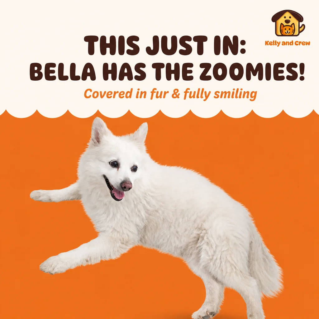 A post showing a white dog mid-run, with the line This just in: Bella has the zoomies