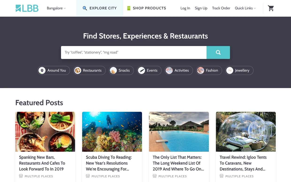 Little Black Book’s Bangalore page, with a search bar for stores, experiences and restaurants above four featured posts