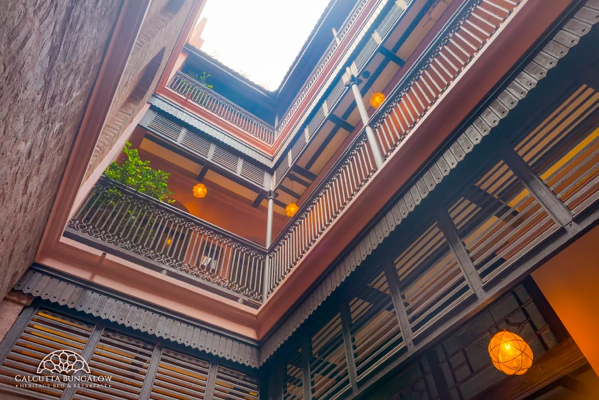 Looking up through the courtyard of a restored townhouse in Kolkata