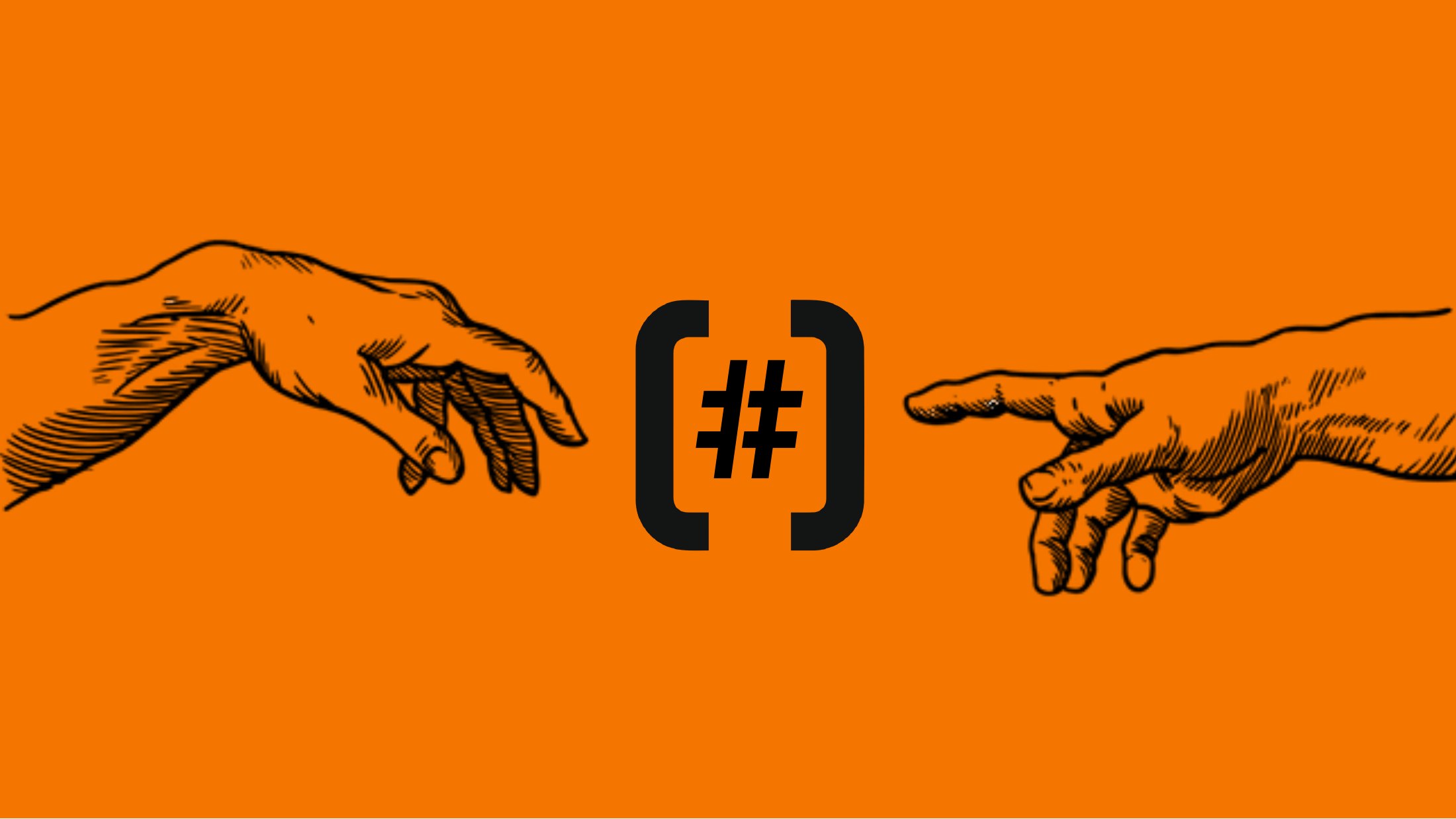 Two drawn hands reach towards Social’s bracket-and-hash mark on an orange ground
