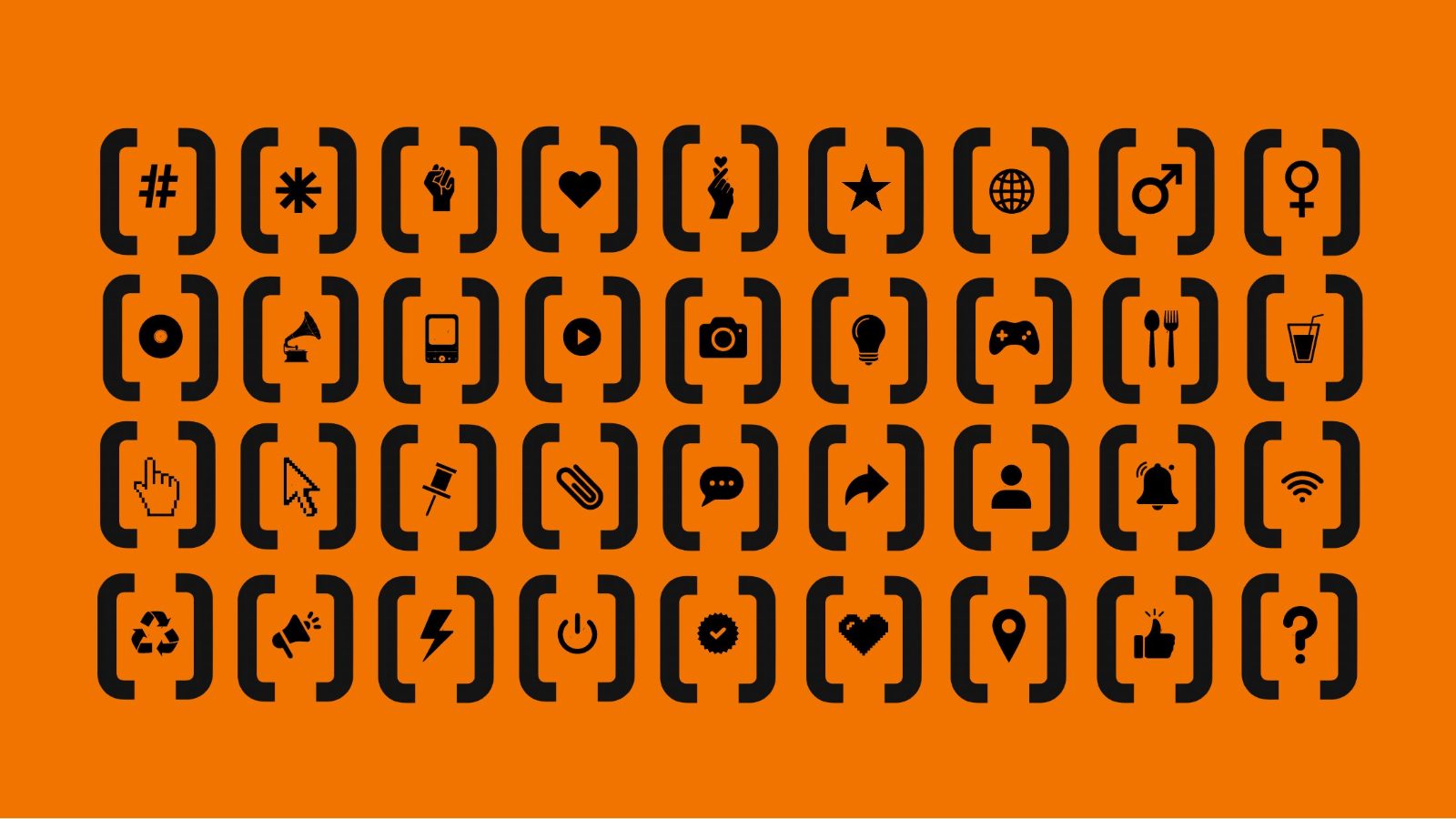 A grid of variations on Social’s bracket-and-hash mark, each holding a different symbol