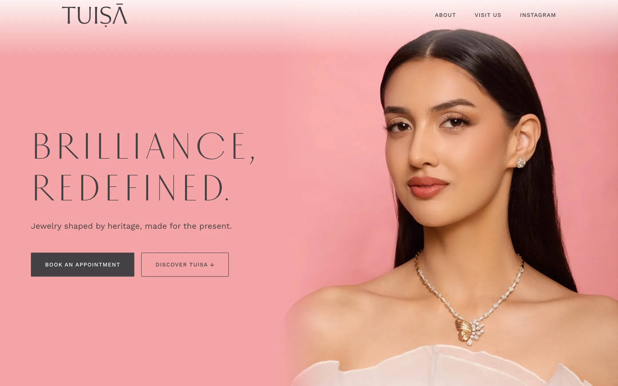 The Tuisa website’s home page: the line Brilliance, Redefined beside a model wearing a diamond necklace, with a Book an Appointment button