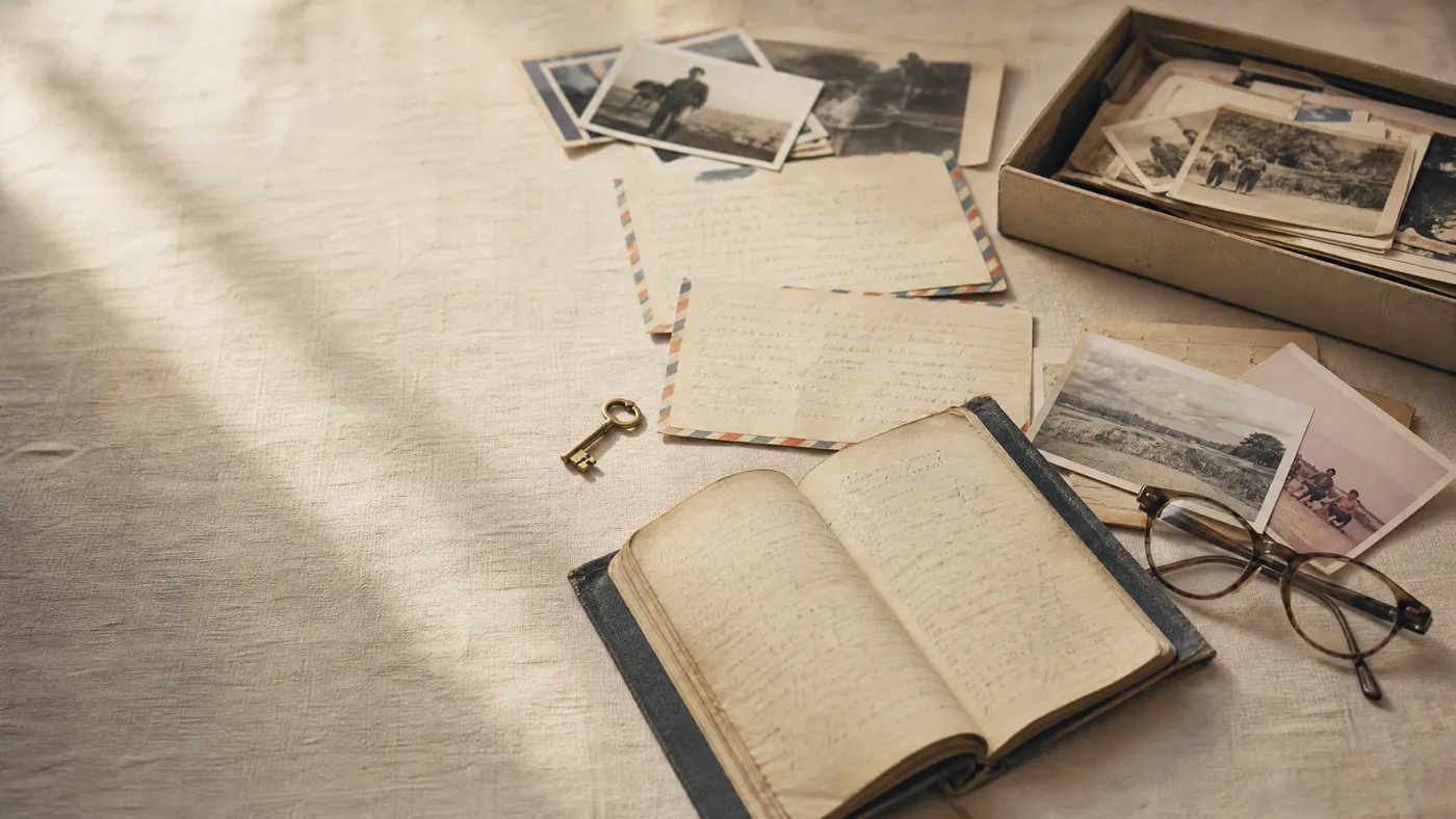 Family photographs, letters and a diary spread on a table